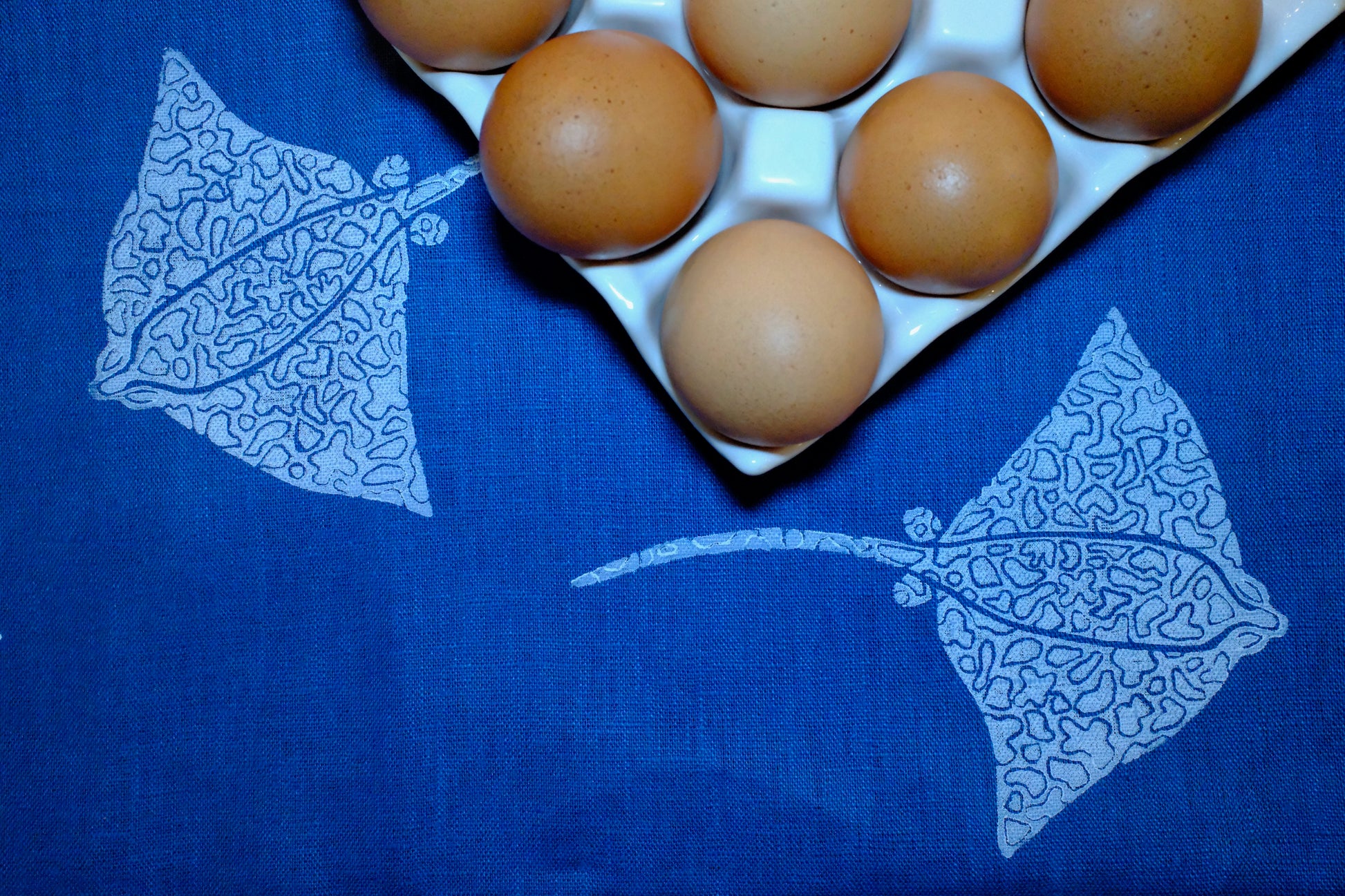 &BEYOND Eagle Ray Blues napkin displayed beside a dish of food.